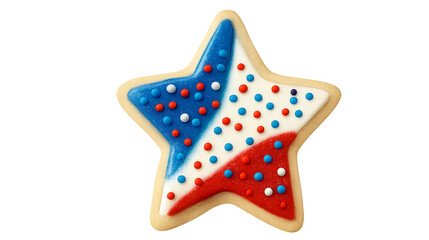 Patriotic Star-Shaped Sugar Cookie with Red, White, and Blue Icing and Sprinkles – 4th of July Treat (Isolated Transparent Background)

