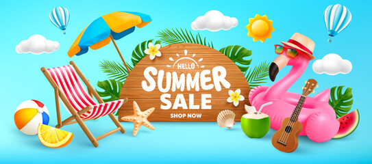 Summer sale banner template with inflatable flamingo, beach chair, tropical fruits, ukulele, coconut drink, palm leaves,sunshine and Summe sale wooden signboard, Promotion template for summer sale