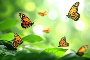 Vibrant garden filled with butterflies fluttering among lush green leaves creates serene atmosphere
