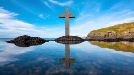 Serene Scottish Coastline Featuring a Dramatic Cross Reflection Beneath a Clear Blue Sky