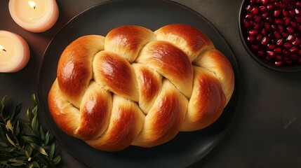 Traditional Round Challah Bread Braided for Festive Occasions with Pomegranates and Candles