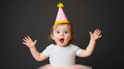 Joyful Toddler in Sparkly Tutu and Party Hat, Celebrating with Excitement and Happiness