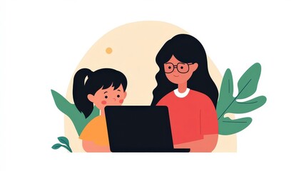 Young Girl Learning Coding Skills from a Mentor in a Modern Tech Environment
