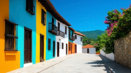 Colorful Street Lined with Unique Buildings in Diverse Styles Under Clear Blue Sky