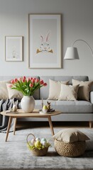 Living room with easter decorations - pillows, painting and tulips