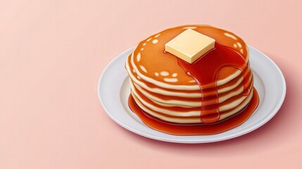 Fluffy American Pancakes Stacked with Melted Butter and Maple Syrup on a Light Pink Background