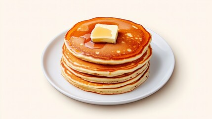 Stack of Fluffy American Pancakes with Butter and Maple Syrup on a Plate