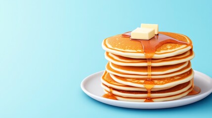 Stack of Fluffy American Pancakes with Maple Syrup and Butter on a Light Blue Background