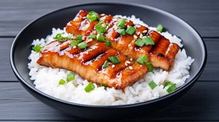 Grilled Glazed Eel Over Steamed Rice with Green Onions and Rich Teriyaki Sauce Garnish