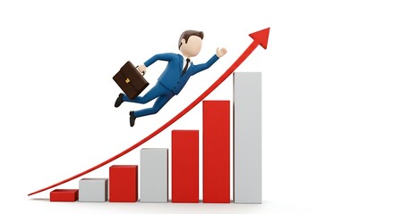 Cartoon Businessman Soaring on Red Arrow Above Rising Bar Graph