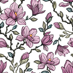 Seamless vector pattern with blooming magnolia isolated on choppy background. Vintage painting style illustration.