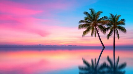 Obraz premium Tranquil Twilight Scene with Palm Trees Reflected in a Calm Lagoon Under a Colorful Sky