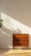 Modern interior with wooden dresser and sunlight casting shadows