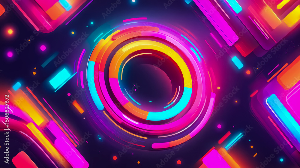Poster abstract geometric composition with colorful rounded rectangles and circles, luminous effect