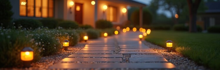 Residential house with illuminated walkway at dusk. Front yard with lights along path leading to door. Home exterior. Evening ambiance of illuminated neighbourhood. Modern lighting for cozy design.