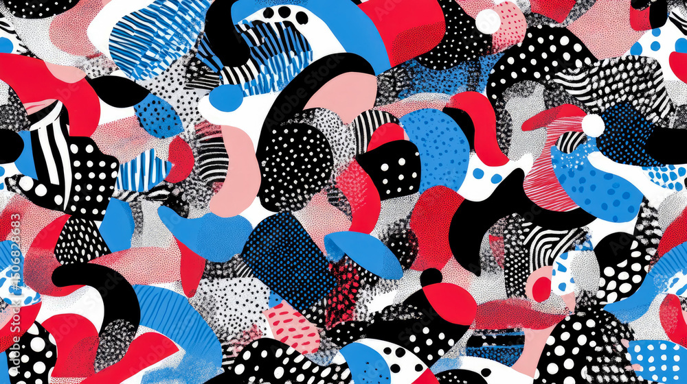 Poster funky abstract pattern with colorful geometric shapes and diverse dotwork