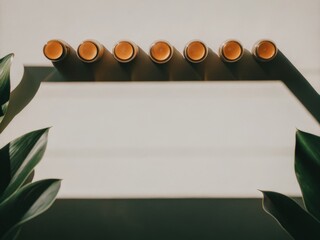 Naklejka premium Six coffee cups casting shadows above a white surface, framed by green leaves on both sides in natural sunlight.