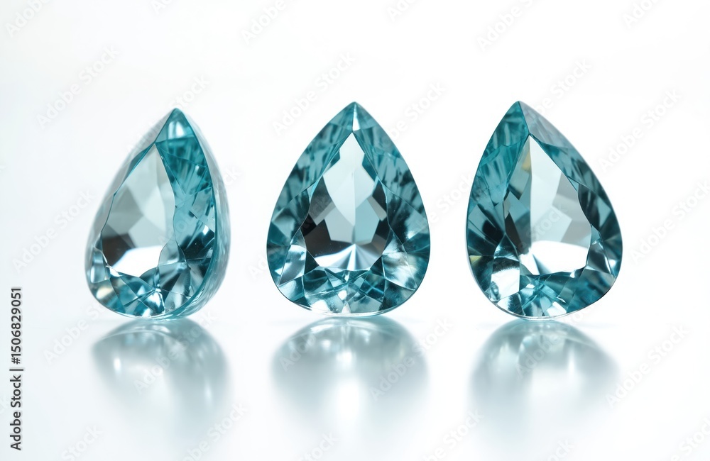 Poster macro shot aquamarine gems with pear shape, faceted cut. precious gemstones of blue color with refle