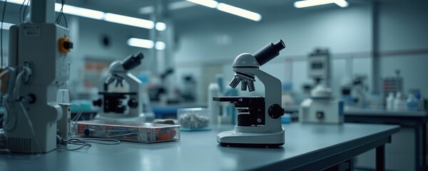 Modern microscope stands on table in sterile high-tech lab. Research facility equipment for investigation. Science exploration, medicine, biology, chemistry analysis. Biotechnology, pharmaceutical