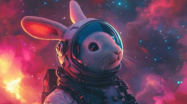 Futuristic Bunny Pilot in Space Helmet Amidst a Colorful Cosmic Background