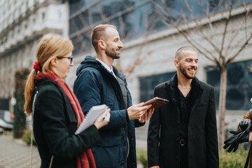 A group of professionally dressed individuals enthusiastically collaborating outdoors, emphasizing...