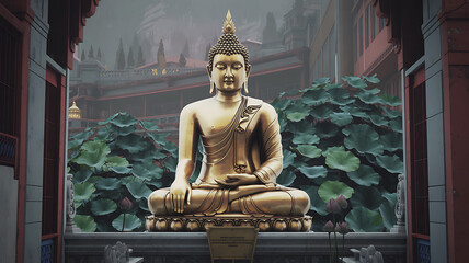 Obraz premium Golden Buddha statue in serene Asian temple garden