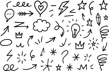 Sketch-style arrows, underlines, and icons like hearts, crowns, and stars. Includes pencil strokes, pen scribbles, and brush highlights. Vector illustration.

