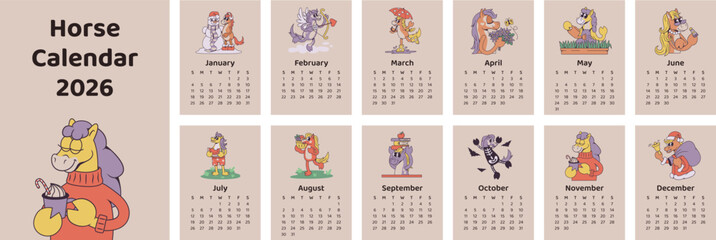 Horse character themed calendar for 2026