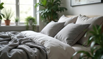 Cozy bed in modern Scandinavian styled bedroom. Grey pillows and blanket, green plants create relaxing atmosphere. Interior design with natural light in eco friendly apartment or hotel room.