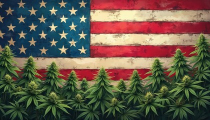 American flag with cannabis plants for Independence Day. Patriotic, bold, vibrant illustration. Celebrates freedom, liberty, 4th of July. Cannabis legalization, medicinal use, alternative medicine.