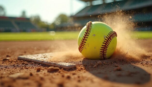 Close-up of a dirty softball on home plate. Dusty ball during a game. Softball rests on plate with dust cloud. Recreation, athletic equipment, team sport competition.