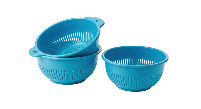 Three blue plastic colanders kitchen utensils