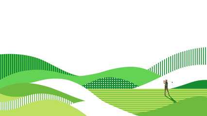 Abstract art design. Golfer frozen mid-swing among rhythmic green stripes, abstract grass textures and horizon curves reflecting structure and concentration in sport. Concept of hobby, precision