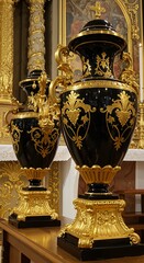 Ornate Vases Black and Gold Decoration