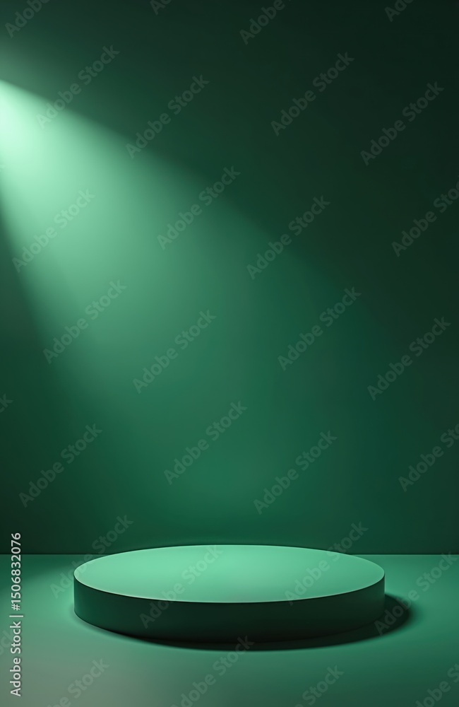 Poster minimal green podium stage product display background. circle dais platform illuminated spotlight. e