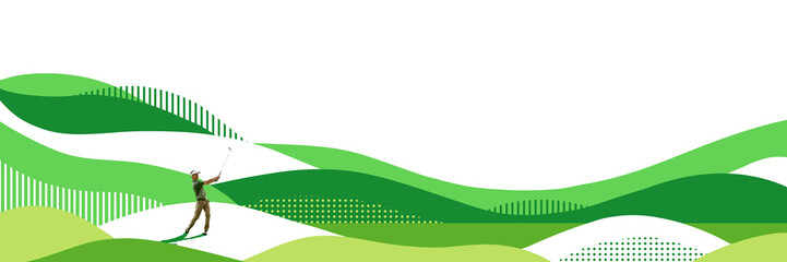 Contemporary art collage. Golf swing action unfolds against stylized wave field with bright grass...