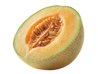 Fresh cantaloupe half showcasing its juicy orange flesh and seeds, perfect for summer dishes or healthy snacks. This vibrant fruit is delightful addition to any meal