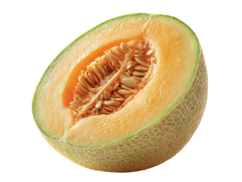 Fresh cantaloupe half showcasing its juicy orange flesh and seeds, perfect for summer dishes or healthy snacks. This vibrant fruit is delightful addition to any meal