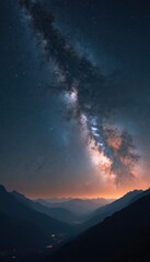Fototapeta premium Stunning view of Milky Way galaxy above silhouette mountains at night. Starry sky background with bright stars, constellations, space dust. Perfect for background, wallpaper, travel blog.