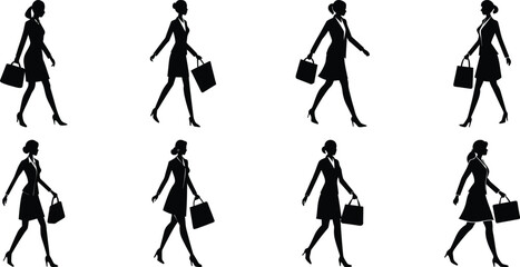 Obraz premium Businessperson walking silhouette set. Bundle of business figure vector on transparent background