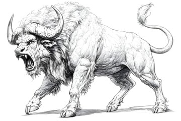Pencil drawing of angry, fierce and fierce buffalo, side view, white background	