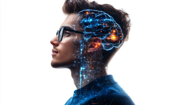 artificial intelligence concept with double exposure on a white background