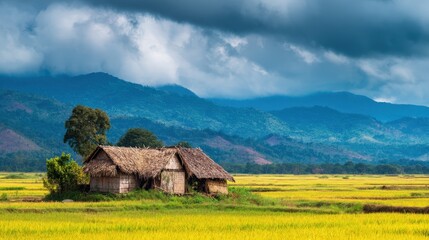 Obraz premium A rustic hut sits in the middle of a lush, green rice field with dramatic mountains and cloudy skies in the background.