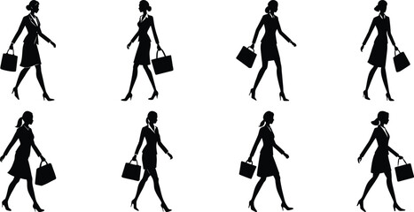 Fototapeta premium Businessperson walking silhouette set. Bundle of business figure vector on transparent background