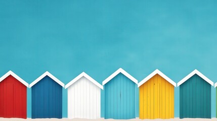 Obraz premium Row of Colorful Beach Huts Under Bright Blue Sky