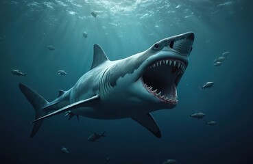 Naklejka premium Great white underwater with open jaws. Predator marine life, attack, ocean wildlife concept, sea danger. Aquatic animal with teeth, marine life at depth. Blue sea water background.