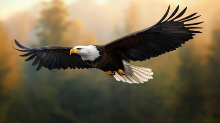 Fototapeta premium Realistic Watercolor Bald Eagle Flying Above a Forest Landscape in Warm Tones