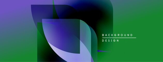 Abstract shapes overlap, creating vibrant color gradients. Green dominates, accented by purple, blue hues. Minimalist text reads background design.