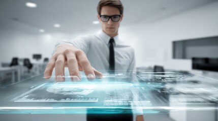 A man interacts with a futuristic transparent touchscreen interface in a modern office setting.