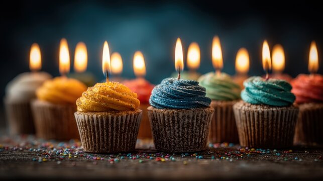 A vibrant row of colorful cupcakes with lit candles, showcasing yellow, blue, green, and red frostings, some adorned with glittery sugar, displayed on a dark-toned wooden surface. The warm glow of fli